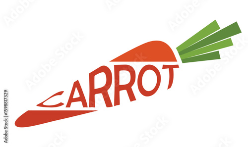 Carrot with inscription carrot. Vegetable, planting and harvest symbol. Natural organic food. Isolated vector image