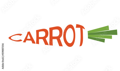 Inscription carrot in shape of carrot. Vegetable, planting and harvest symbol. Natural organic food. Isolated vector image