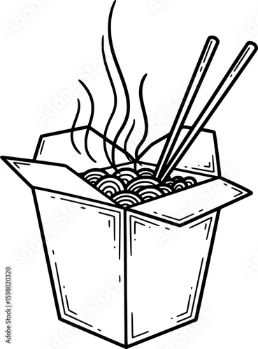 Open takeout noodle box with chopsticks and steam lines, hand-drawn style