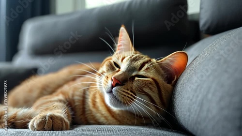 Cozy Cat Nap: A contented ginger tabby cat basks in the warm sunlight while napping on a plush, grey couch. This moment captures the serenity and comfort of a feline's peaceful rest.