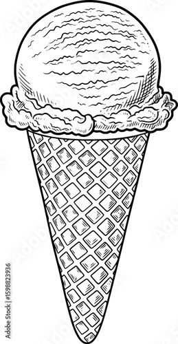 Single scoop of ice cream in a waffle cone, hand-drawn style
