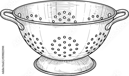 Single colander with small drainage holes and side handles, hand-drawn style