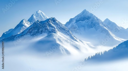 Wallpaper Mural Snowy Mountain Peaks Rising Above Mist Landscape with Evergreen Trees Torontodigital.ca
