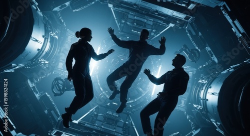 Silhouettes of crew members floating amid sleek spacecraft machinery in a zero gravity environment.