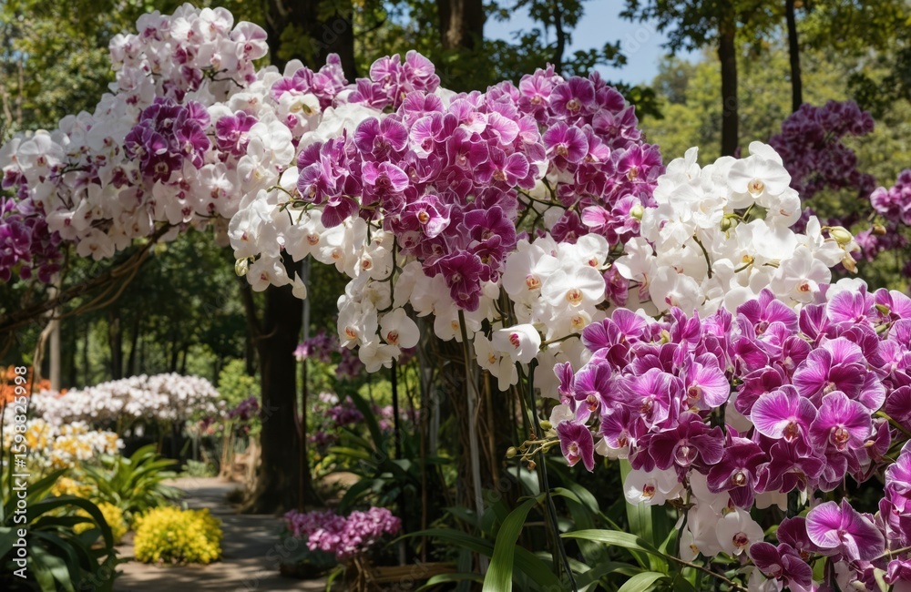 Obraz premium Close-up of Doritaenopsis orchids with purple-white blossoms in a Thai park garden. Rich green foliage and shady trees create a beautiful backdrop for this vibrant flowering plant display.