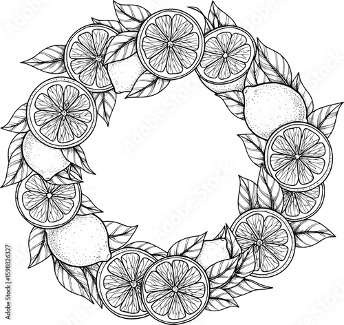 Citrus wreath with lemon slices and leaves arranged in circle, hand-drawn style
