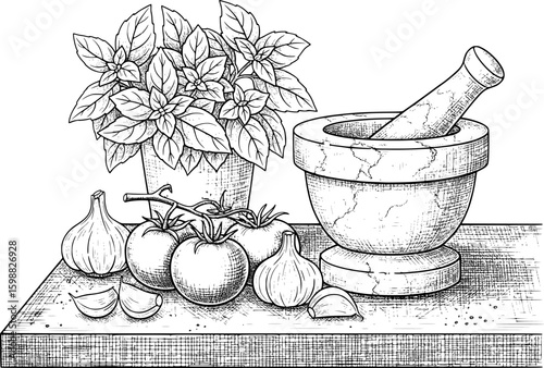Traditional Italian kitchen counter with basil, tomatoes, and garlic, hand-drawn style