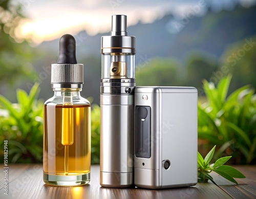 E-cigarettes and E-liquid on wooden surface outdoors
