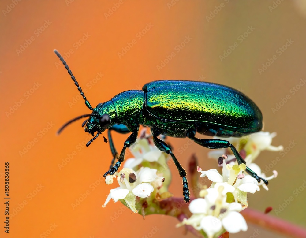 Fototapeta premium Metallic Green Beetle on White Flowers