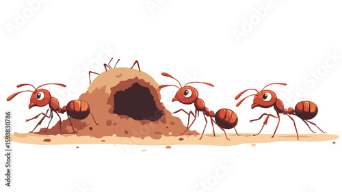 Ants Walking Towards Anthill Cartoon Illustration