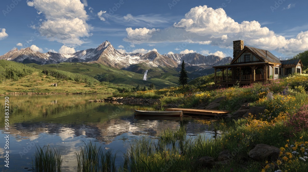 Fototapeta premium Peaceful Mountain Lake Scene With Cabin And Flowers