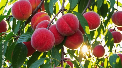 A view of ripe peaches hanging from a tree with green leaves and sunlight shining through the branches