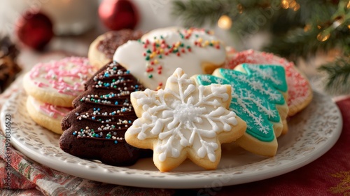 Festive holiday cookies on plate with icing and sprinkles in christmas setting