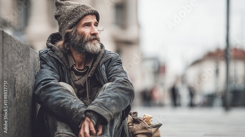 Homeless Man Sitting Outdoors in Urban Setting
