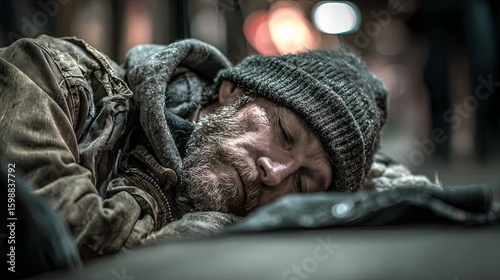 Homeless Man Sleeping on City Street at Night