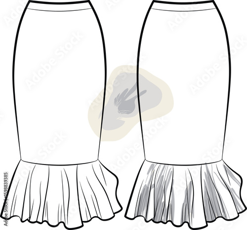 Women’s pencil skirt fashion sketch front and back views with panel construction, flared hem, fitted waistband, cad drawing flat vector illustration