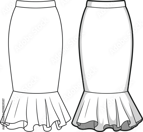 Women’s pencil skirt fashion sketch with ruffled layered hem, fitted waistband, front and back view, cad drawing flat vector illustration