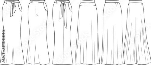 Women’s long skirt fashion sketch with front view pleated styles, belt detail, waistband types, cad drawing flat vector illustration template