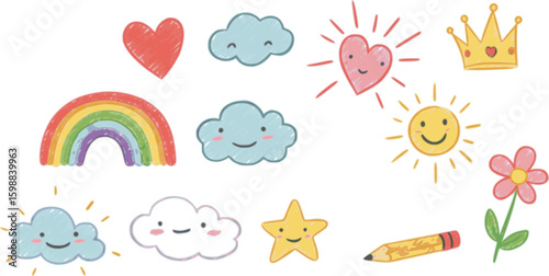 Cute kid background line tree, cloud, flower icon. Hand drawn doodle sketch kid art element set. Flower, heart, cloud children draw style design element background. Vector illustration