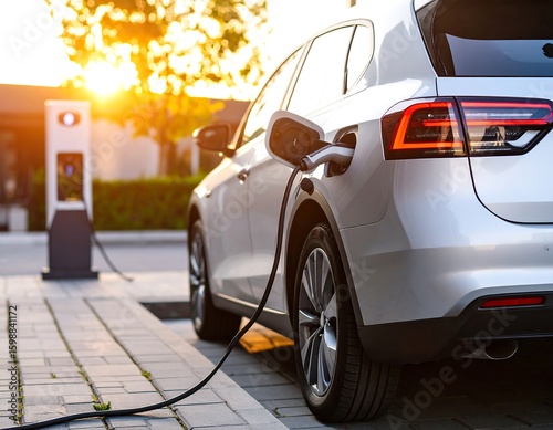 Electric car charging at station, sunset background