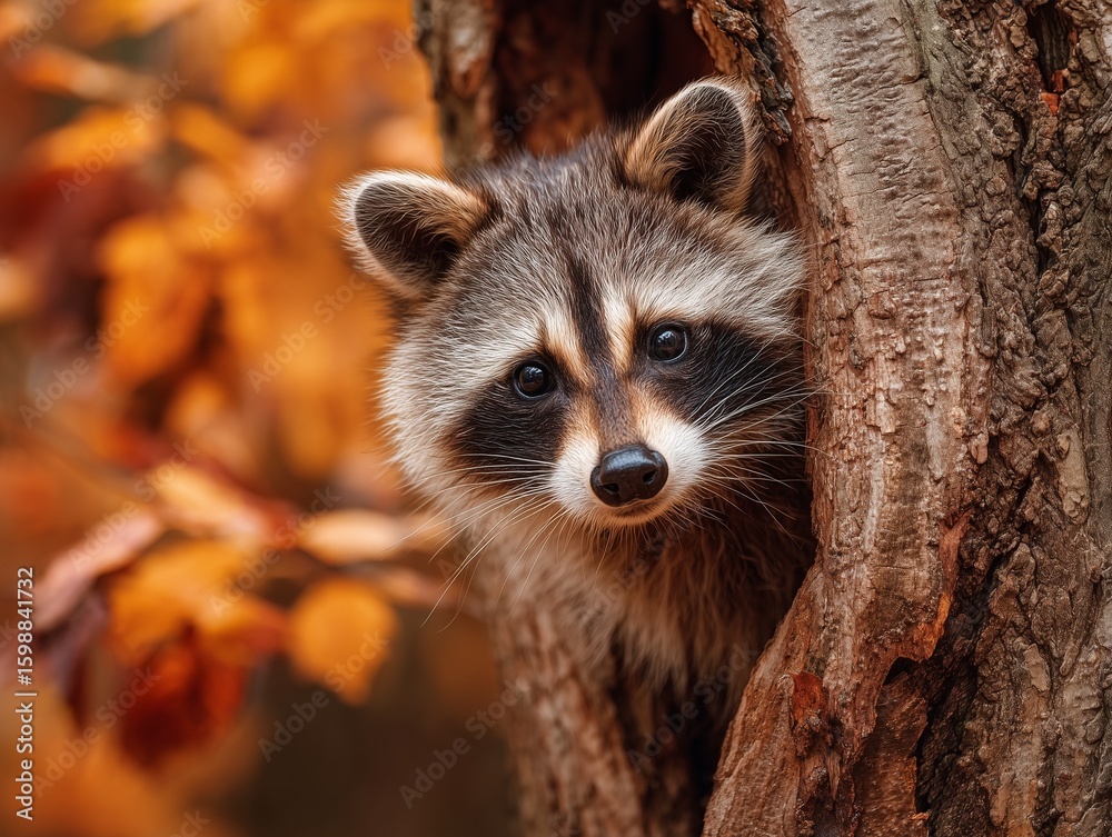 Fototapeta premium Curious raccoon peeking from a tree in autumn foliage, perfect for wildlife projects