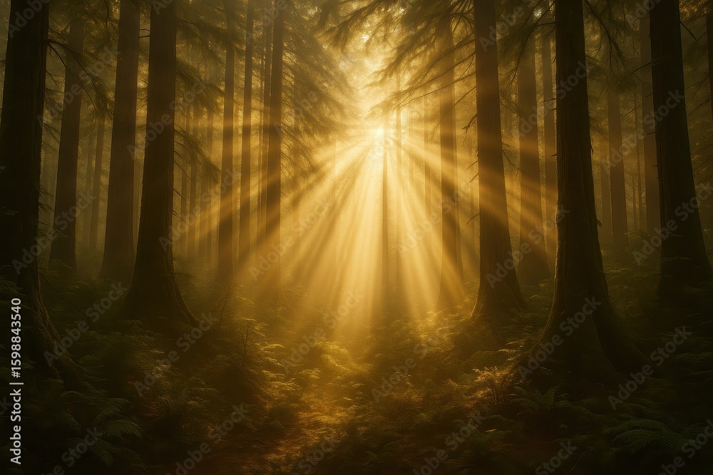 Obraz premium Enchanted sunlit forest with golden rays filtering through ancient trees creating magical woodland cathedral