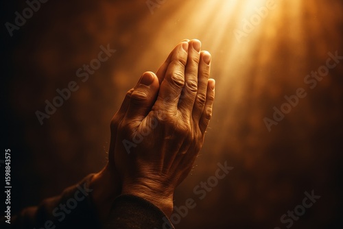 Faithful hands joined in prayer with divine blessing light creating spiritual atmosphere of hope and devotion