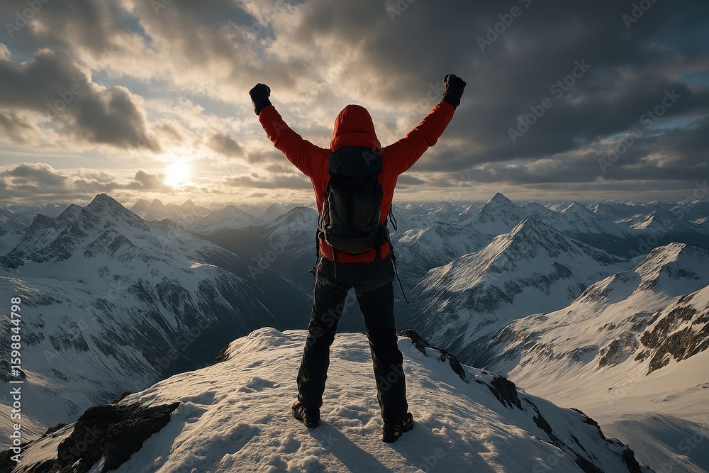 Triumphant mountaineer celebrating victory atop snow-capped mountain range with panoramic alpine vista Triumphant mountaineer celebrating victory atop snow-capped mountain range with panoramic alpine vista