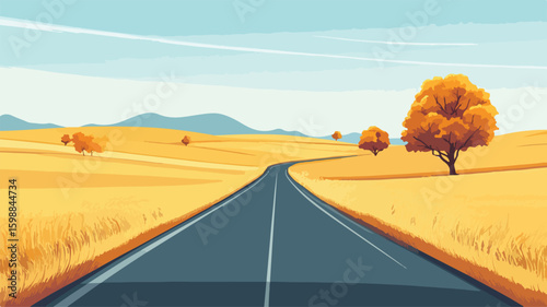 Golden Fields Countryside Road Landscape with Vibrant Scenery
