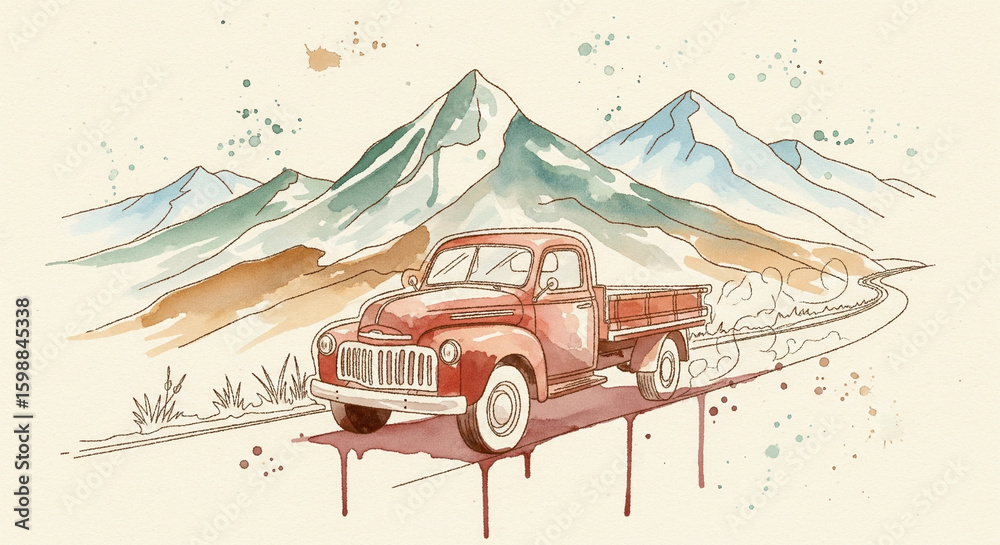 Fototapeta premium Watercolor and ink illustration of a vintage red pickup truck on a mountain road trip adventure