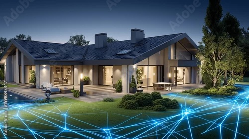 perimeter of security, surveilance, awareness or technology monitoring around a house - home security, lawn, pet protection - digital barrier glowing lines