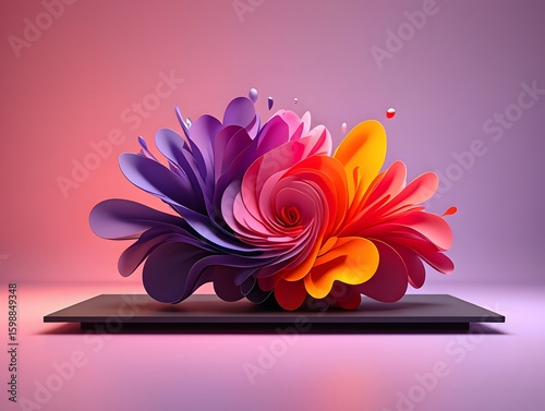 Abstract Floral Burst - Dynamic Composition of Purple and Orange Petals on Black Platform