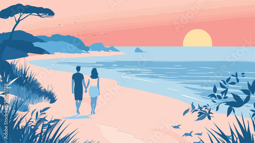Romantic Beach Walk Illustration: Simple Flat Vector for Romantic Wall Art Decor