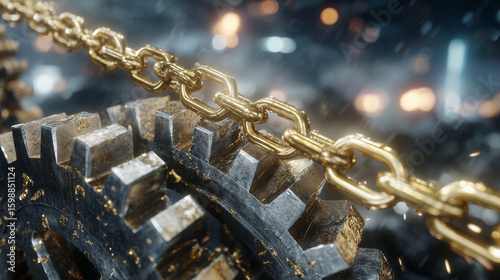 Close-up view of interlocking metal gears and a heavy-duty chain rotating in sync, golden oil glistening on the steel surfaces under moody industrial lighting.