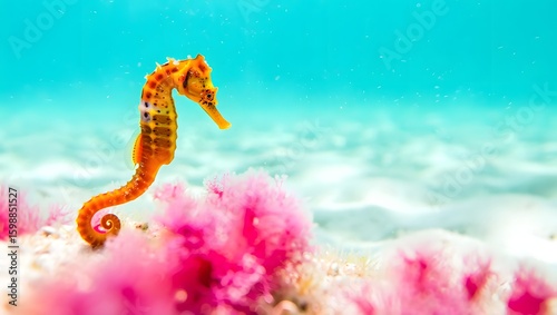 Vibrant Orange Seahorse Amongst Pink Coral Reef