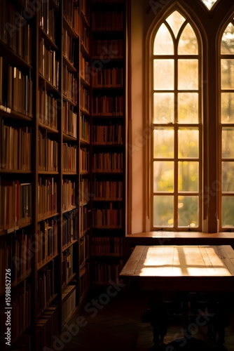 Warm Sunlight Streaming Through Gothic Window onto Bookshelf