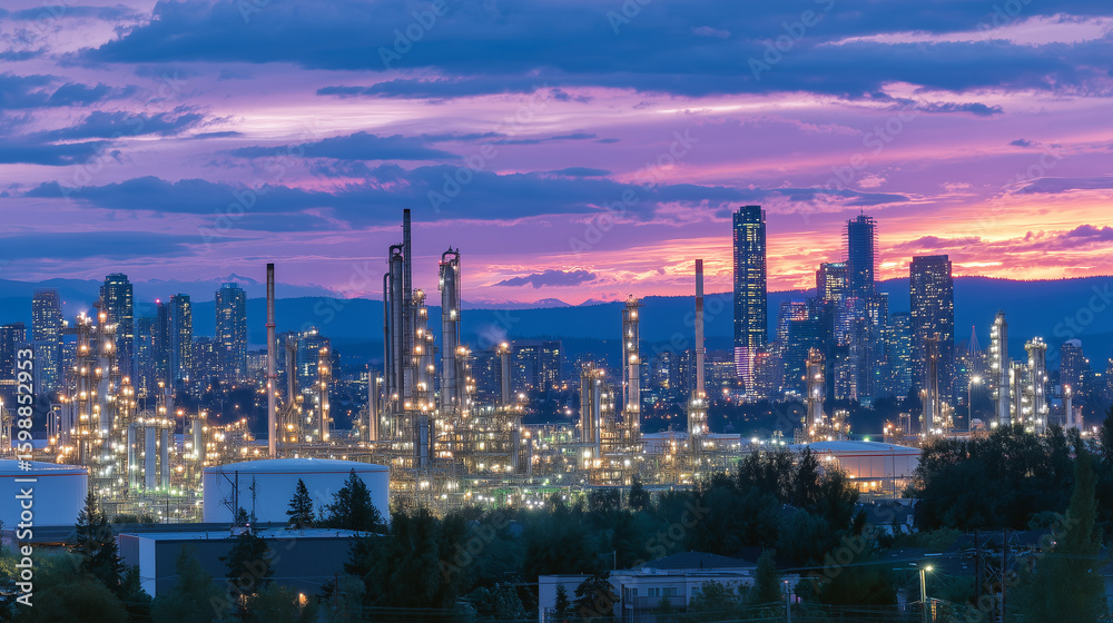 custom made wallpaper toronto digitalIndustrial skyline with refinery chimneys at twilight, glowing lights trace steel frameworks, while vibrant sunset paints the clouds in fiery hues.