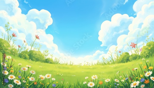 Whimsical cartoon grassland with blooming flowers, rich green bushes, fluffy white clouds under bright blue sky. Charming, adorable scene offers colorful, fun atmosphere, perfect for children themes,
