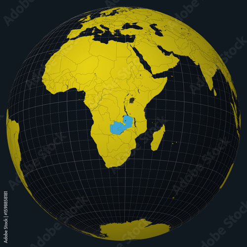 Republic of Zambia on Globe. Country view on the world map in Charcoal Bright Yellow color palette. Zambia shape on map. Globe with meridians, parallels, countries, rivers and lakes.