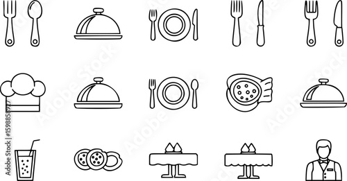 Catering thin line icon set. Containing fork, spoon, knife, plate, cloche, tray, chef hat, beverage, food, dining table, and waiter. Cutlery or tableware in restaurant. Vector illustration