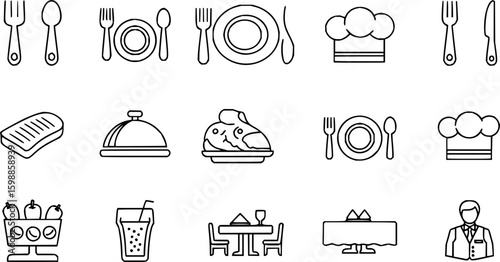 Catering thin line icon set. Containing fork, spoon, knife, plate, cloche, tray, chef hat, beverage, food, dining table, and waiter. Cutlery or tableware in restaurant. Vector illustration