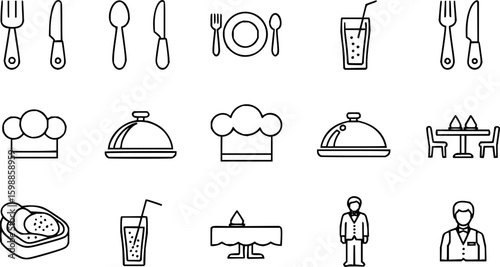 Catering thin line icon set. Containing fork, spoon, knife, plate, cloche, tray, chef hat, beverage, food, dining table, and waiter. Cutlery or tableware in restaurant. Vector illustration