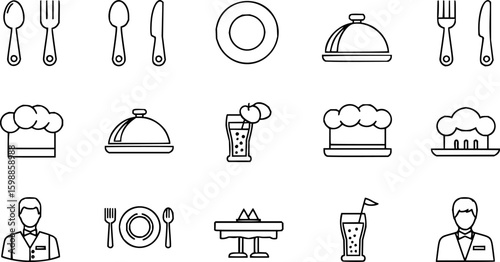 Catering thin line icon set. Containing fork, spoon, knife, plate, cloche, tray, chef hat, beverage, food, dining table, and waiter. Cutlery or tableware in restaurant. Vector illustration