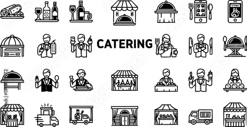 Catering thin line icon set. Containing fork, spoon, knife, plate, cloche, tray, chef hat, beverage, food, dining table, and waiter. Cutlery or tableware in restaurant. Vector illustration