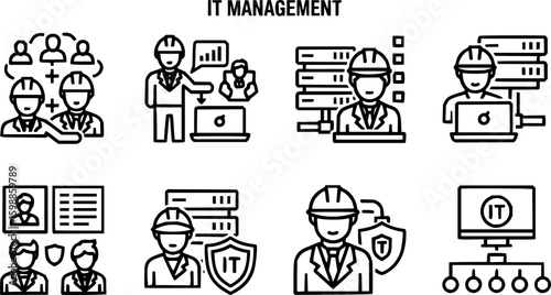 Information technology manager thin line icon set. Containing specialist, expert, professional, service, technician, work, engineer, workshop, installer, employee, project. Vector illustration