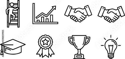 Career growth thin line icon set. Contains grow, work, job, performance, gain, improvement chart, increase, development, target achievement success, promoting, climb, graph, progress. Vector