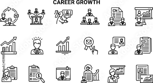 Career growth thin line icon set. Contains grow, work, job, performance, gain, improvement chart, increase, development, target achievement success, promoting, climb, graph, progress. Vector