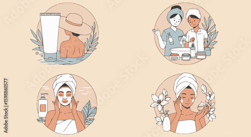 Beauty and skincare. A set of color vector illustrations on the topic of skin care in different life situations.  Multilayer SVG file without gaps between paths.