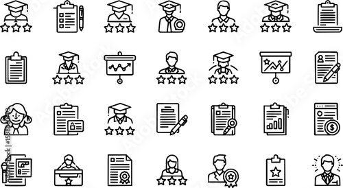 Business training and workshop excellent icon set. Containing teaching, education, coaching, discussion, learning, communication, presentation, lecture, meeting, teamwork, briefing vector illustration