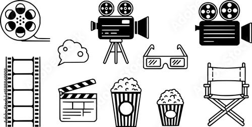 Cinema icons vector set. Movie, film, video, tv and more icon for apps and websites, symbol illustration
